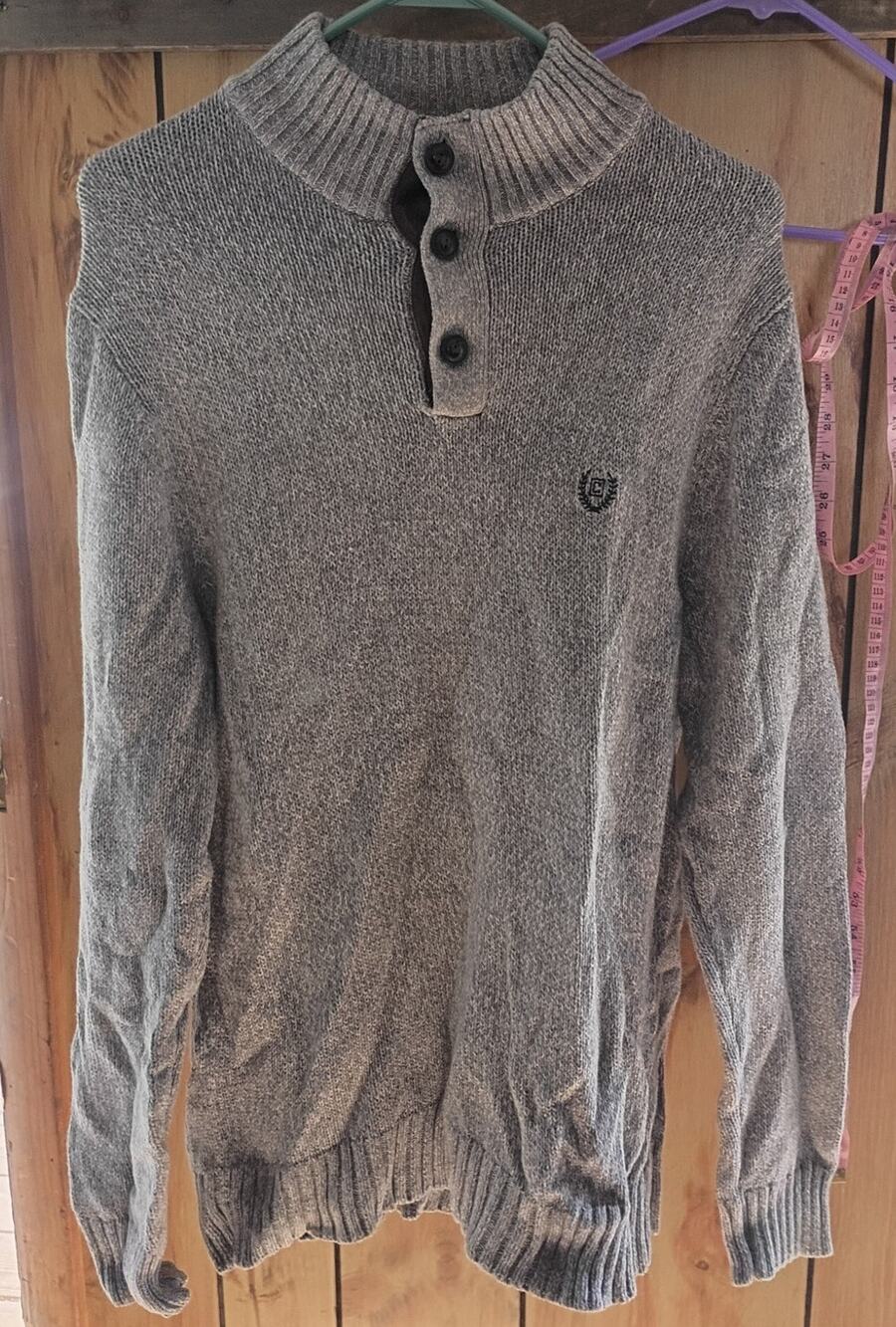 Chaps Mens Cotton Henley Sweater M Elbow Patches Crest Preppy Academia Gray